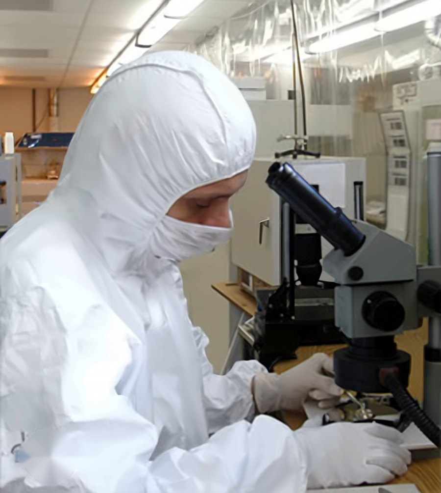Ingenieur im Reinraumanzug am Mikroskop