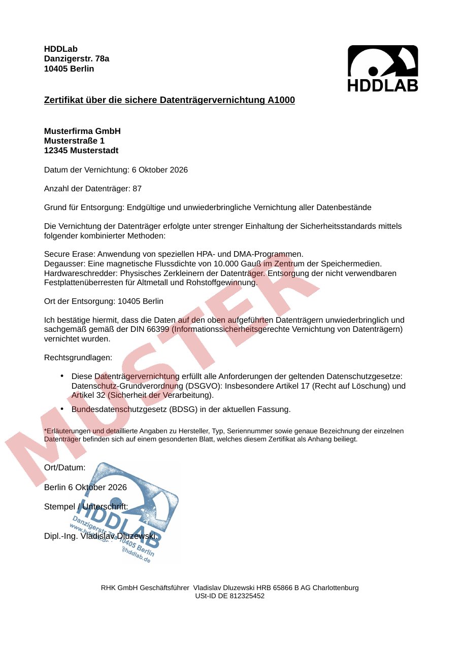 Muster eines Vernichtungszertifikats von HDDLab für die Musterfirma GmbH mit Datum, Anzahl der Datenträger und Verfahren